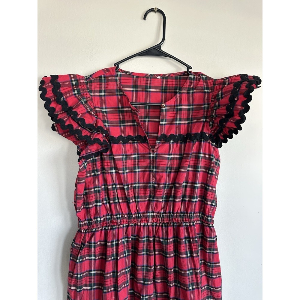 Red Tartan Plaid Frontier Dress 100% Cotton Tiered Ruffled Scottish Mountain - Picture 2 of 16